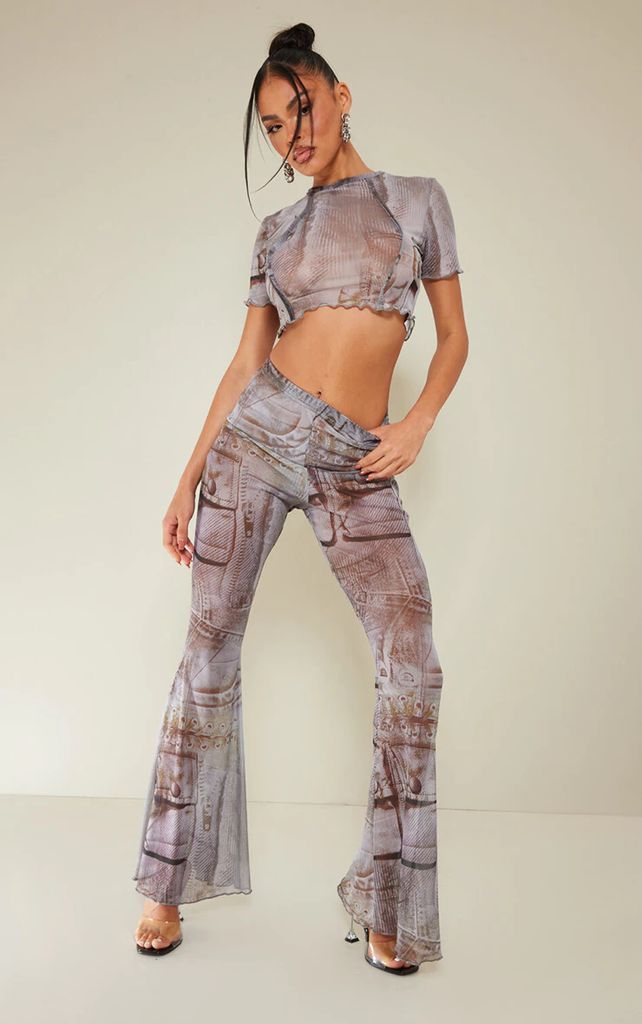 Brown Patchwork Print Sheer Mesh High Waist Flared Trousers