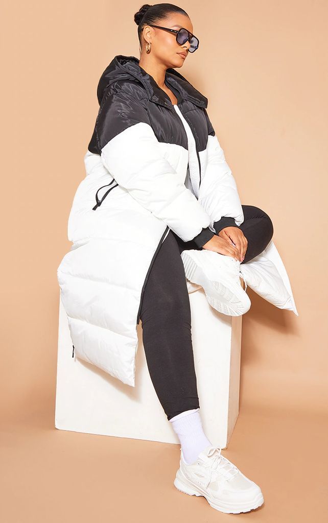 Plus White Maxi Contrast Hooded Puffer Jacket, White