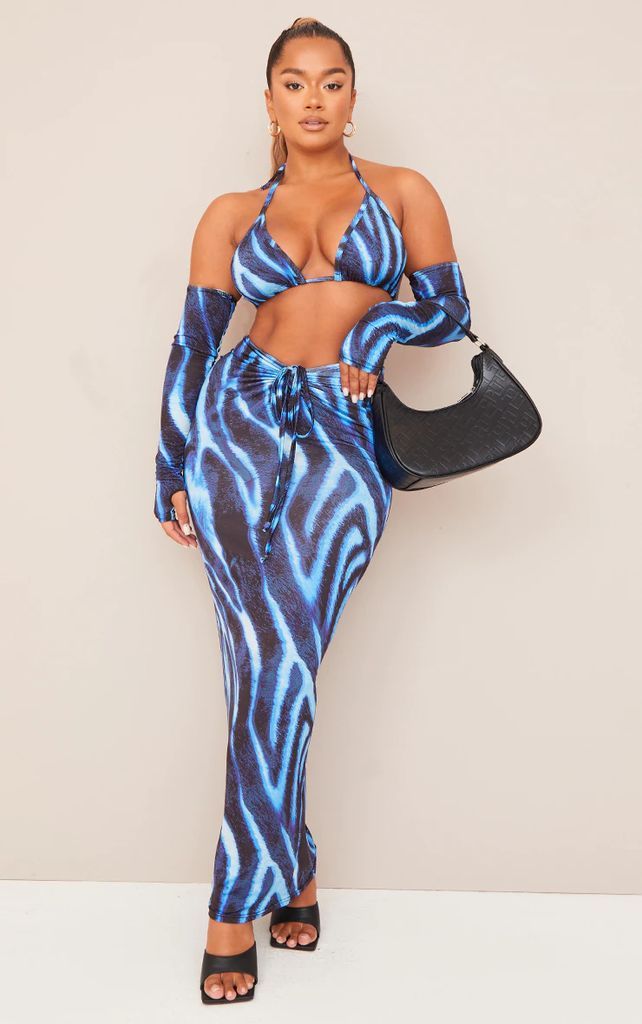 Shape Blue Zebra Print Slinky Ruched Midaxi Skirt