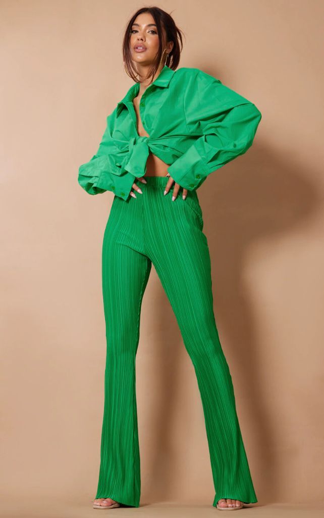 Bright Green Plisse Flared Trousers