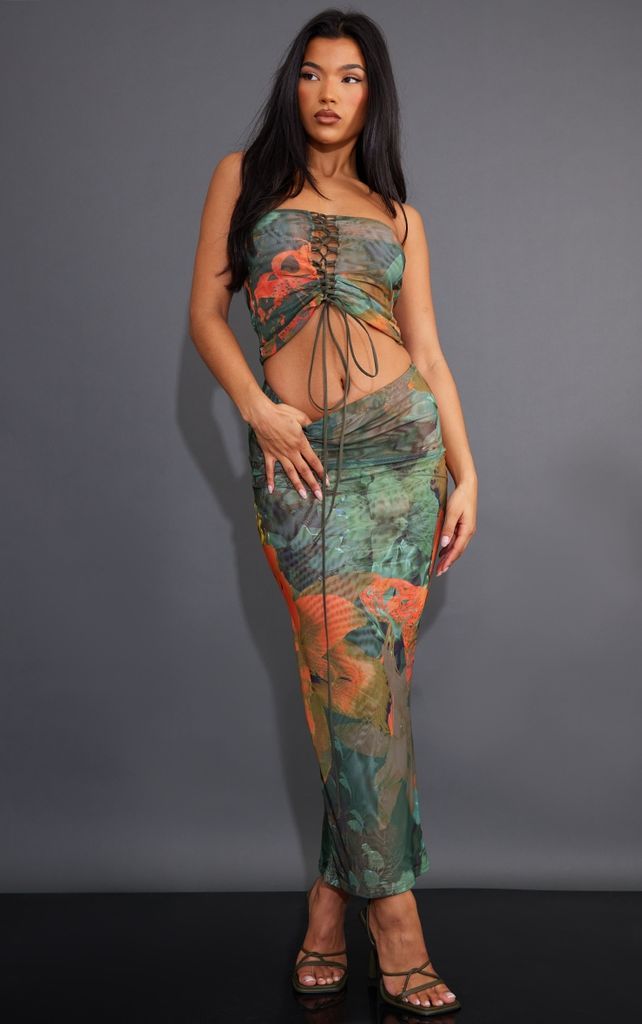 Multi Floral Print Mesh Low Rise Midi Skirt