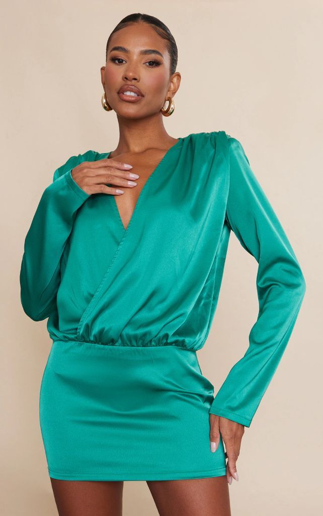 Green Satin Plunge Oversized Shoulder Pad Shirt Dress, Green