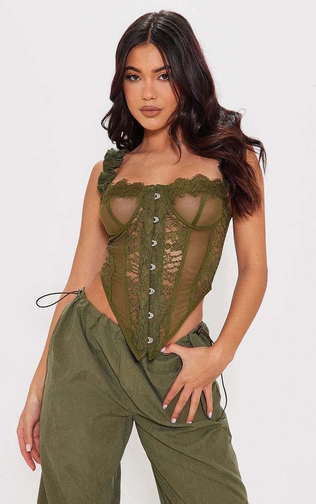 Khaki Lace Ruched Strap Hook And Eye Corset Top, Green