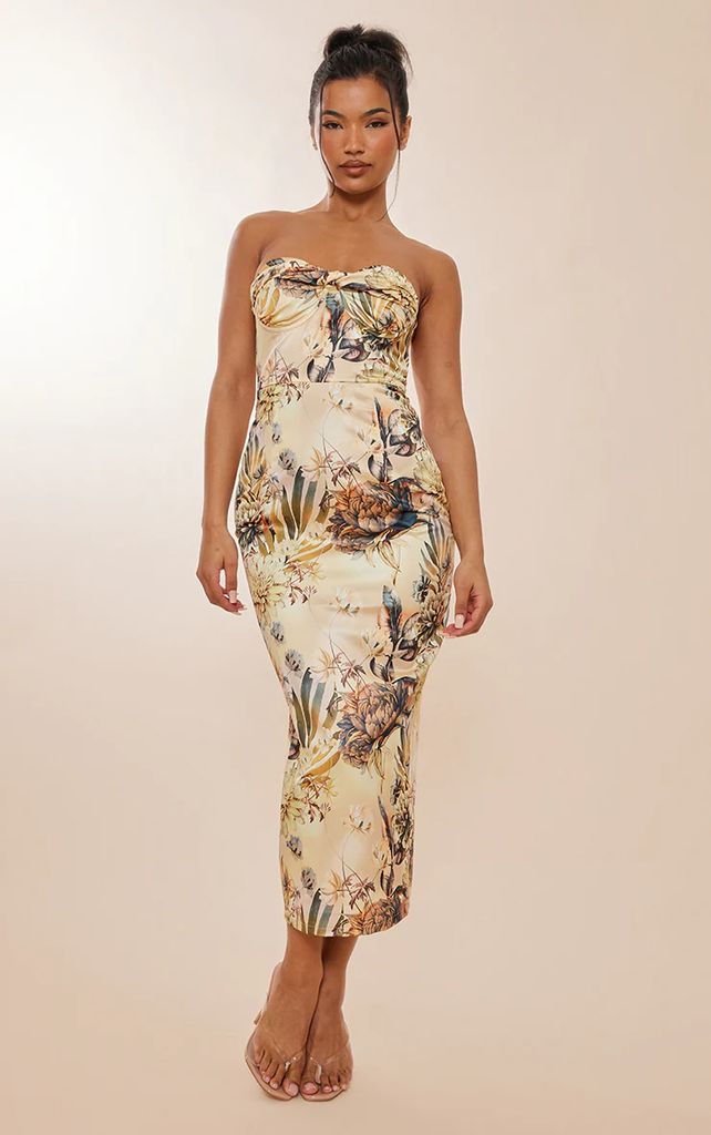 Beige Floral Print Satin Twist Cup Detail Midaxi Dress, Camel
