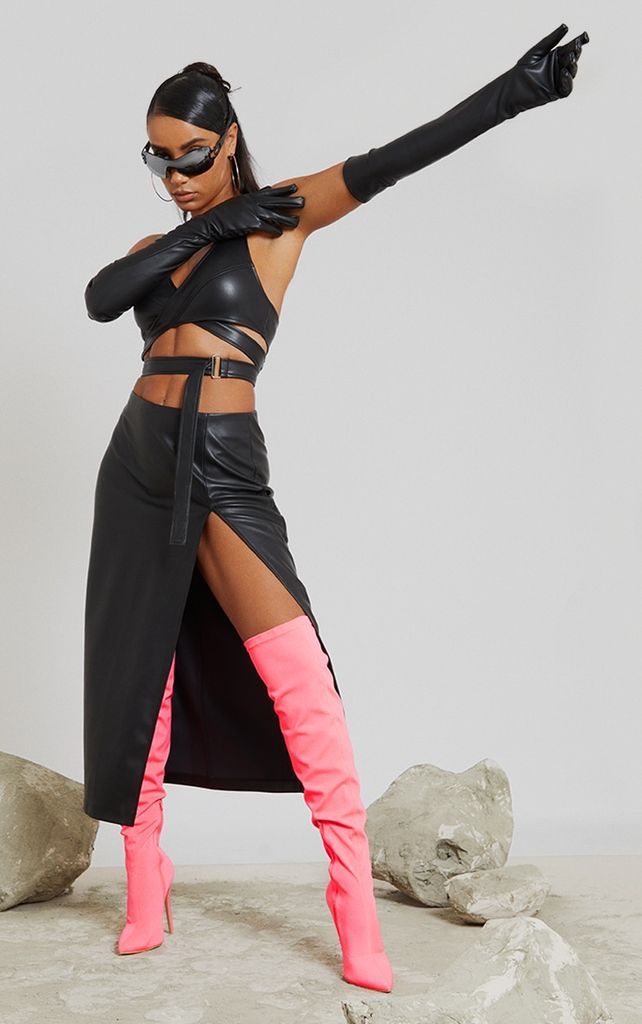 Black Faux Leather Split Hem Low Rise Midaxi Skirt