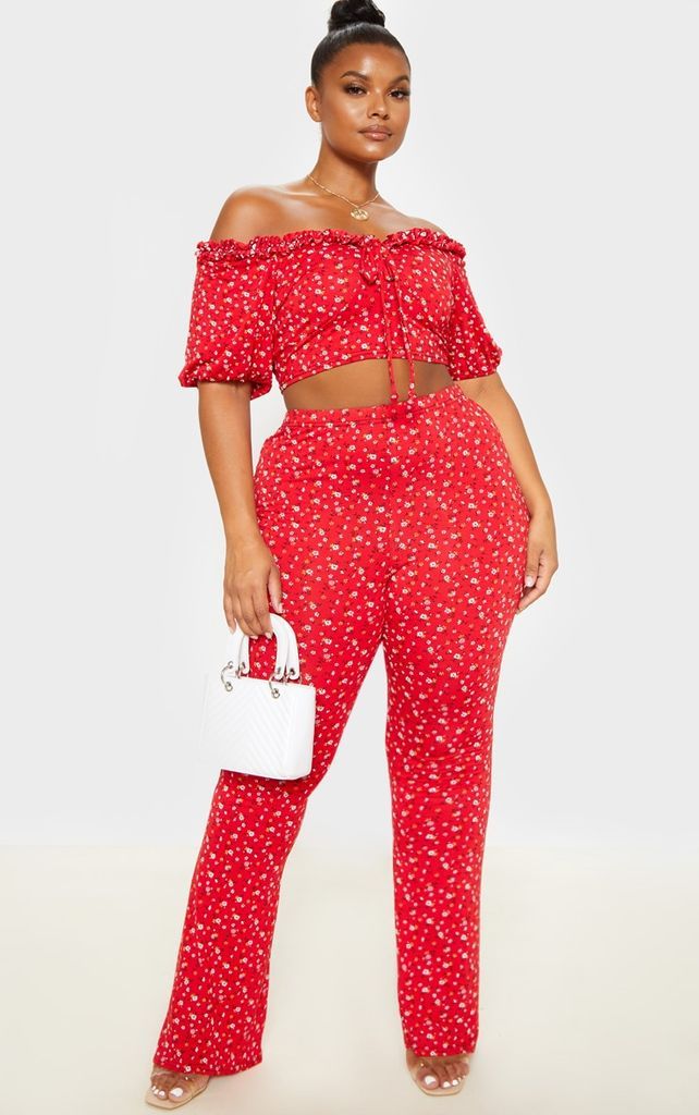 Plus Red Ditsy Floral Flared Trousers, Red