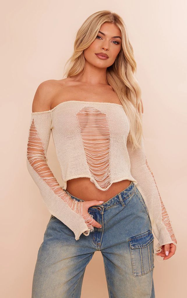 Cream Distressed Ladder Knit Long Sleeve Top, White