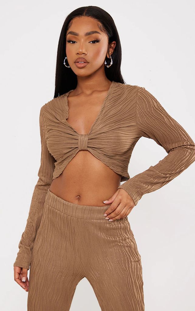 Taupe Textured Twist Front Long Sleeve Top, Brown