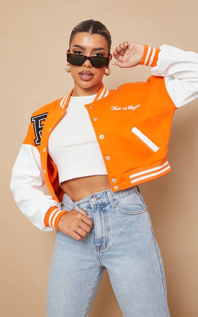 Orange Varsity Slogan Contrast Sleeve Bomber Jacket