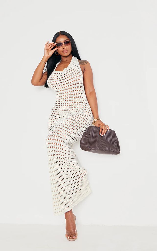 Shape Cream Crochet Knit Halterneck Open Back Maxi Dress, White
