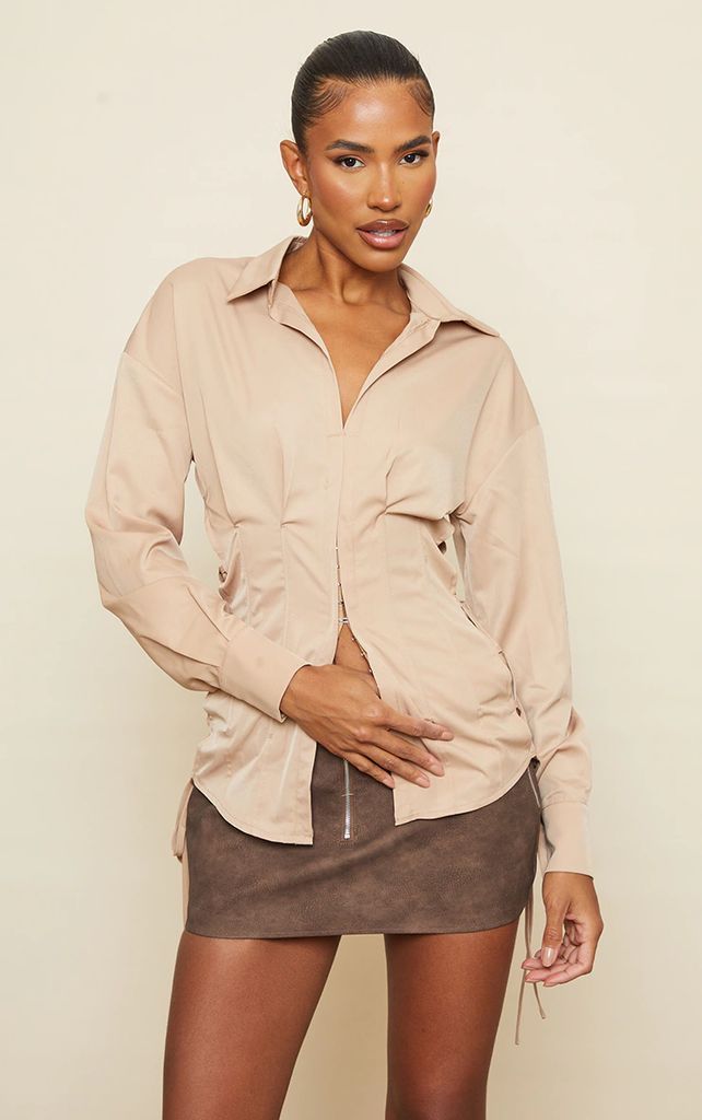 Taupe Hook & Eye Boned Longline Lace Up Shirt, Brown