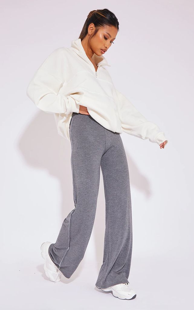 Charcoal Grey Jersey Contrast Seam Wide Leg Trousers
