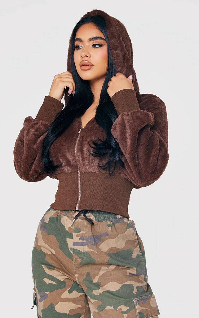 Petite Chocolate Cropped Faux Fur Bomber
