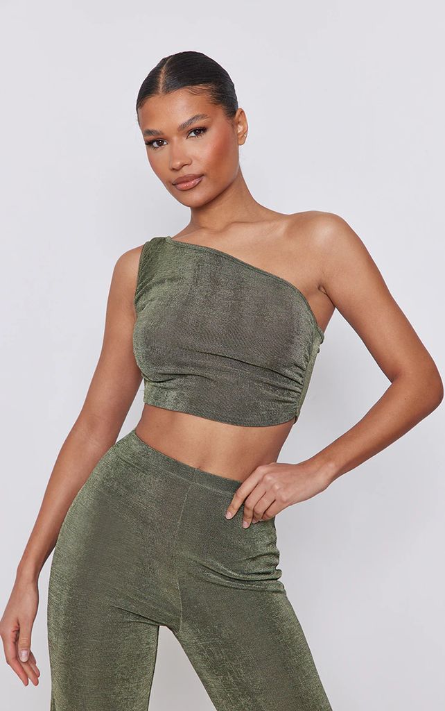 Khaki Acetate Slinky One Shoulder Ruched Top, Green