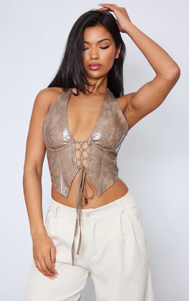 Stone Washed Faux Leather Lace Up Plunge Halter Neck Top, White