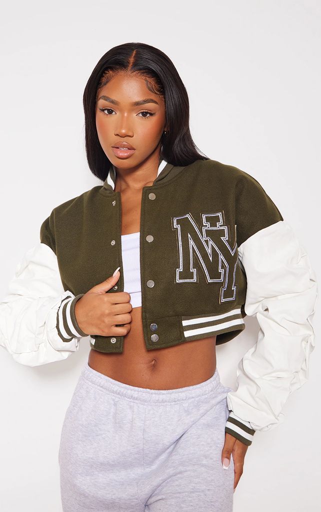 Khaki Slogan Front Faux Leather Ruched Sleeve Cropped Bomber
