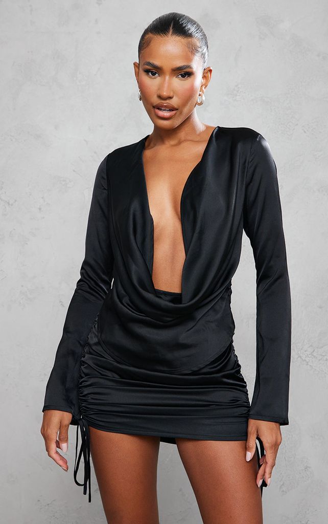 Black Satin Extreme Cowl Ruched Long Sleeve Bodycon Dress, Black