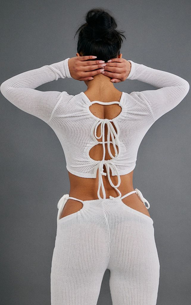 Cream Sheer Soft Rib Tie Lace Up Back Long Sleeve Top