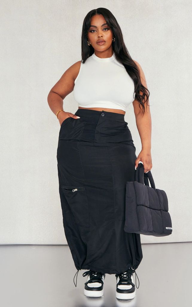 Plus Black Zip Up Detail Midi Skirt, Black