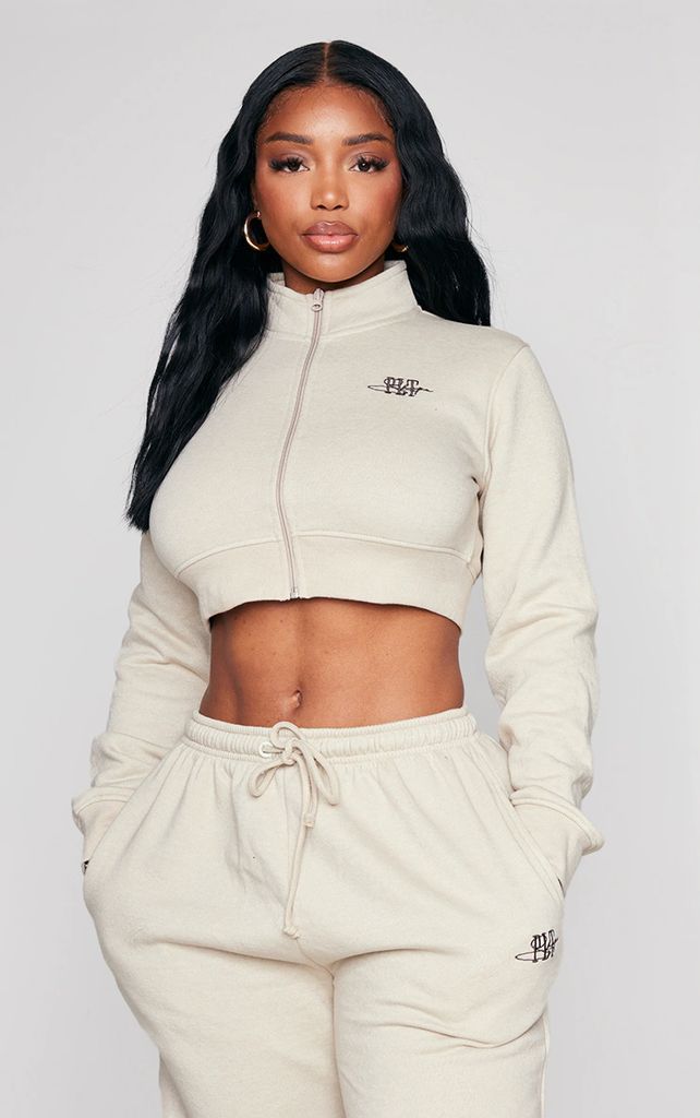 Shape Oatmeal Embroidered Cropped Zip Sweater, Oatmeal