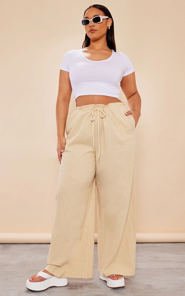 Plus Stone Linen Look Ruched Waist Trousers, White