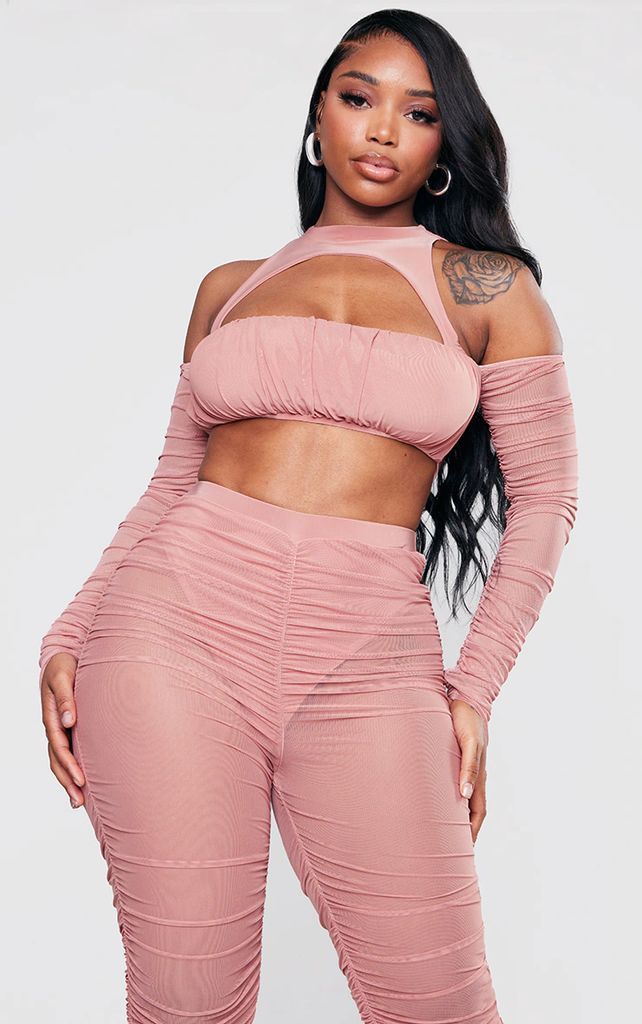 Shape Rose Ruched Mesh Cut Out Long Sleeve Crop Top
