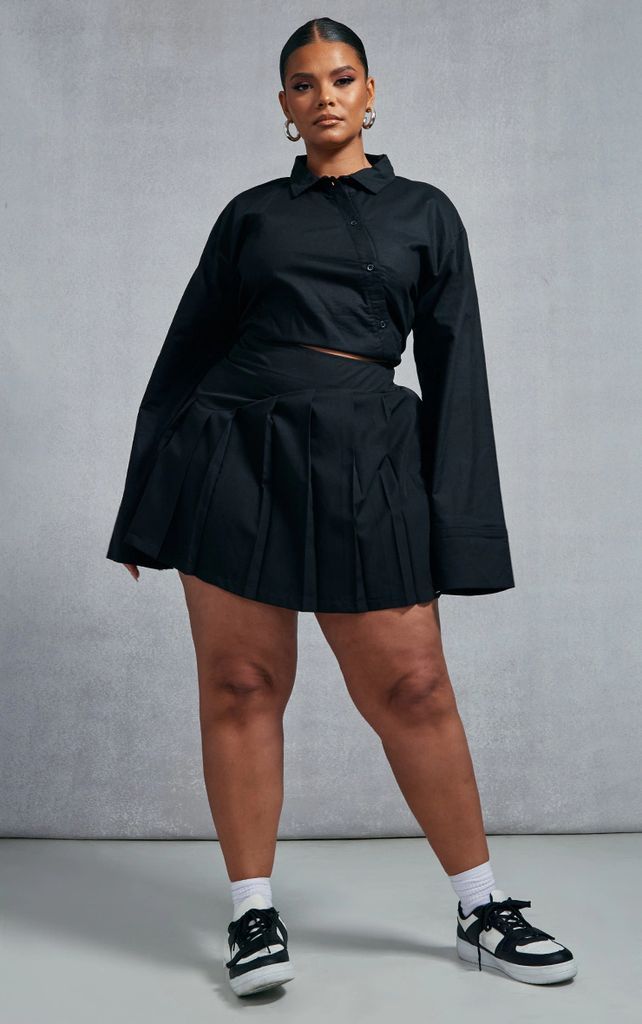 Plus Black Pleated Mini Skirt, Black