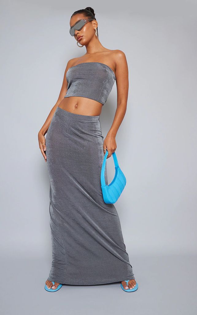 Dark Grey Acetate Slinky Low Rise Maxi Skirt