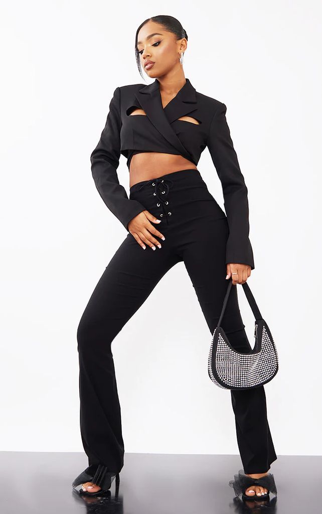 Black Stretch Woven Lace Up Front Flare Trousers