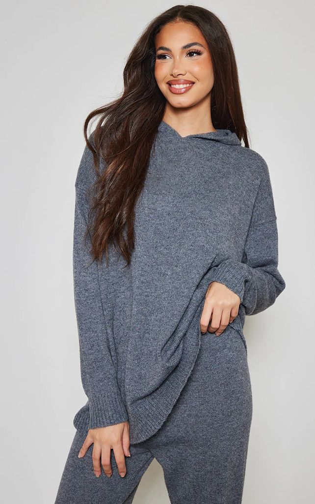 Tall Grey Oversized Knitted Hoodie