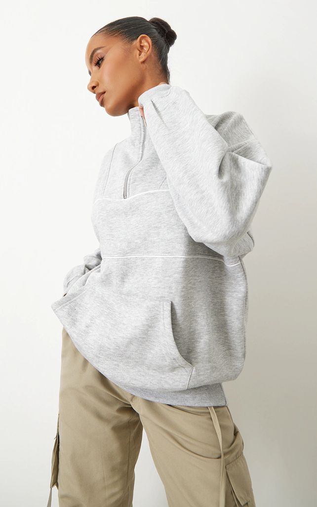 Ash Grey Half Zip Oversized Contrast Piping Sweatshirt, Ash Grey