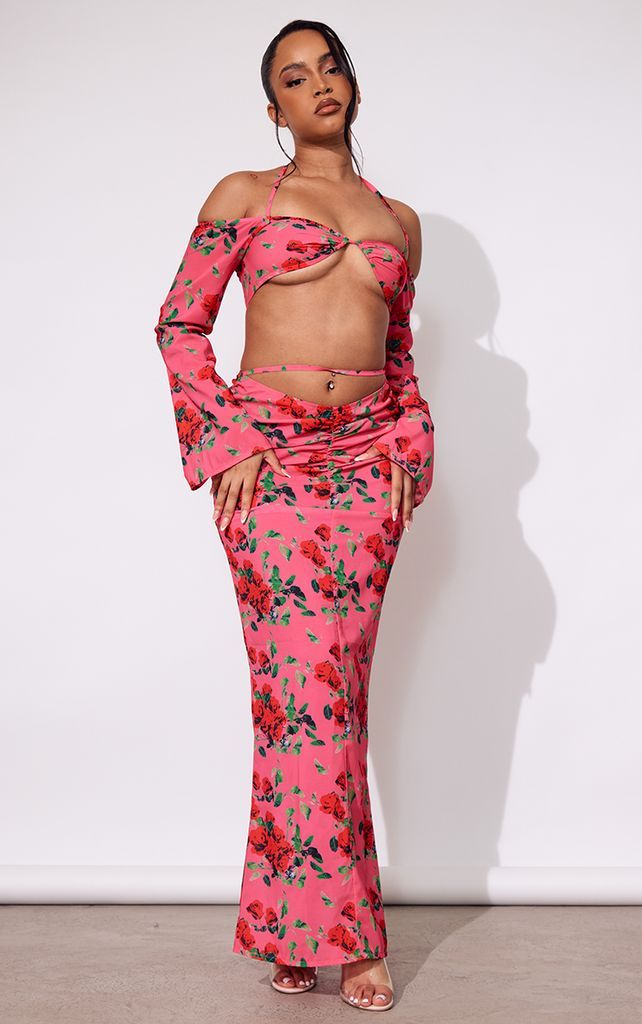 Petite Pink Floral Print Ruched Maxi Skirt, Pink