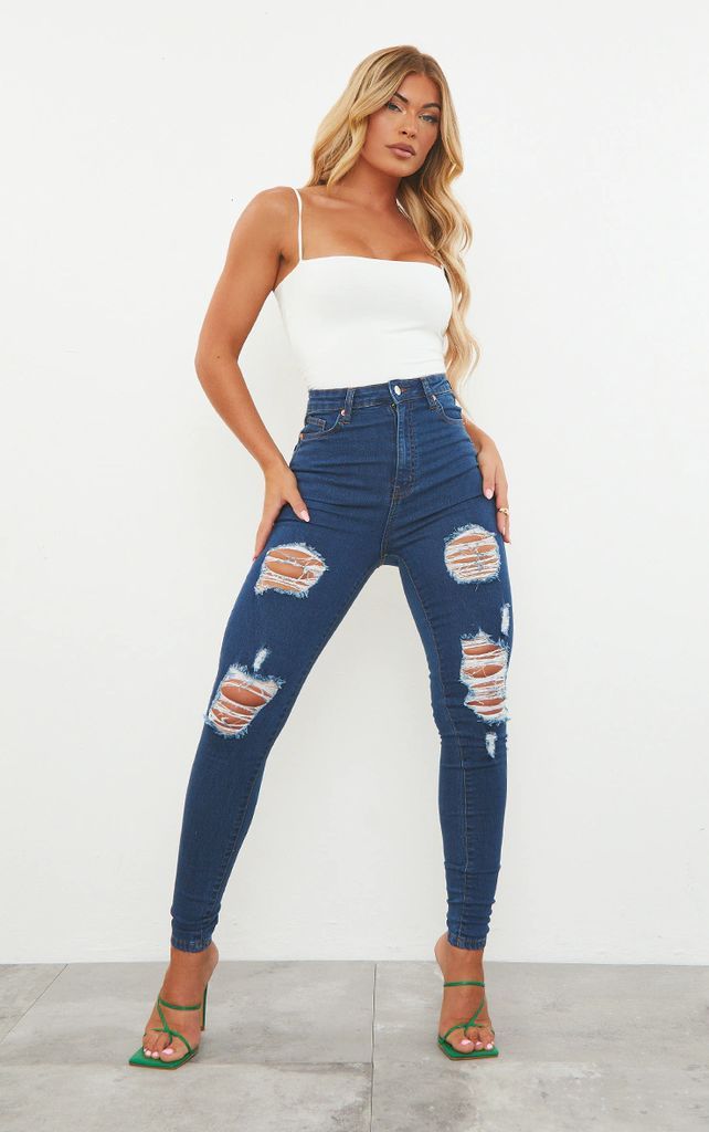 Mid Wash 5 Pocket Ripped Skinny Jeans