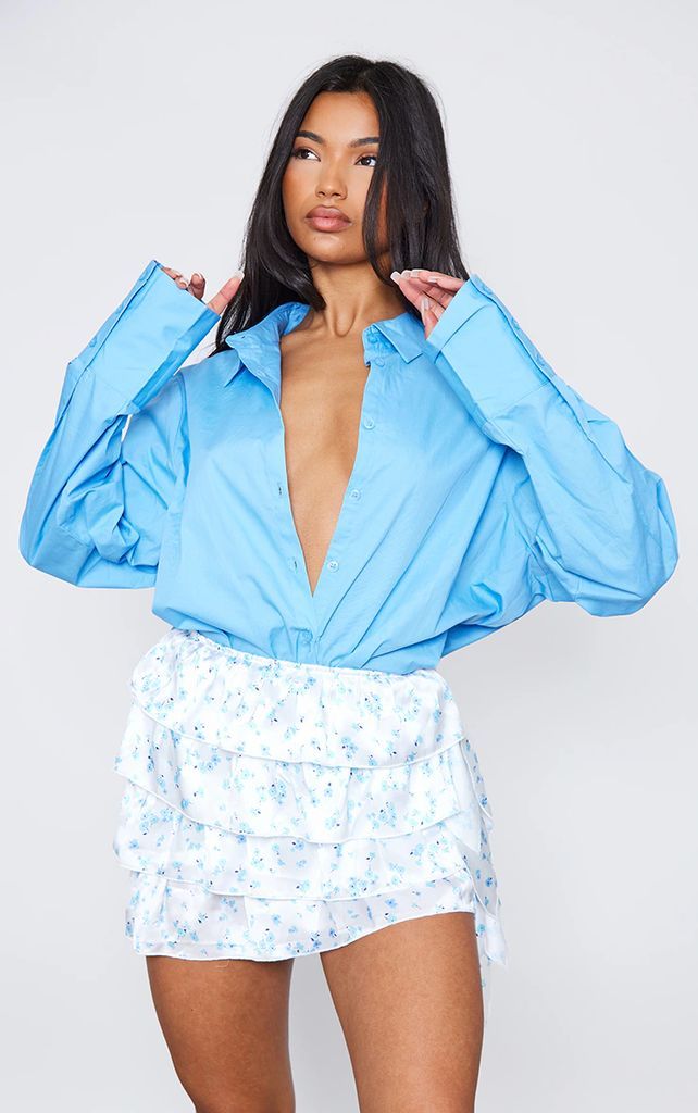 Blue Floral Printed Ruffle Tiered Mini Skirt, Blue