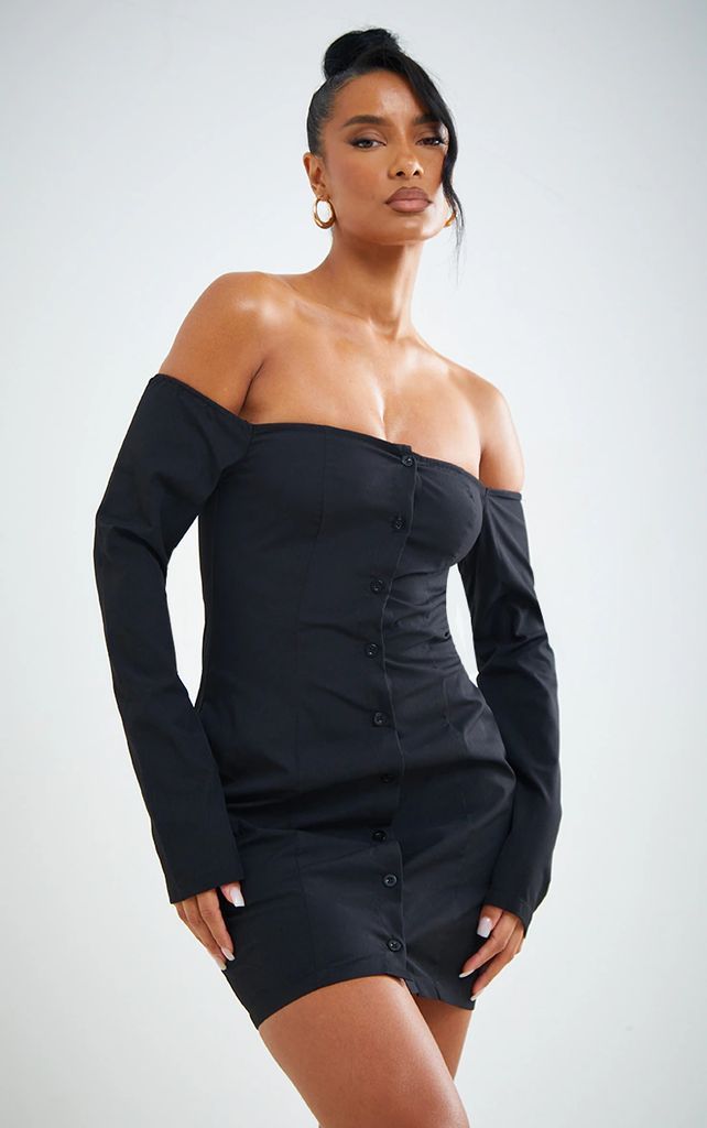 Black Woven Bardot Pocket Detail Shirt Dress, Black