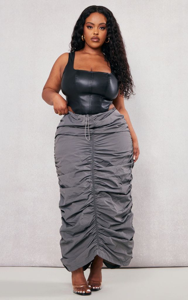 Plus Charcoal Ruched Parachute Midi Skirt, Grey