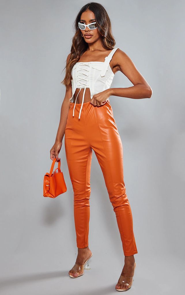 Bright Orange Faux Leather Stretch Leggings