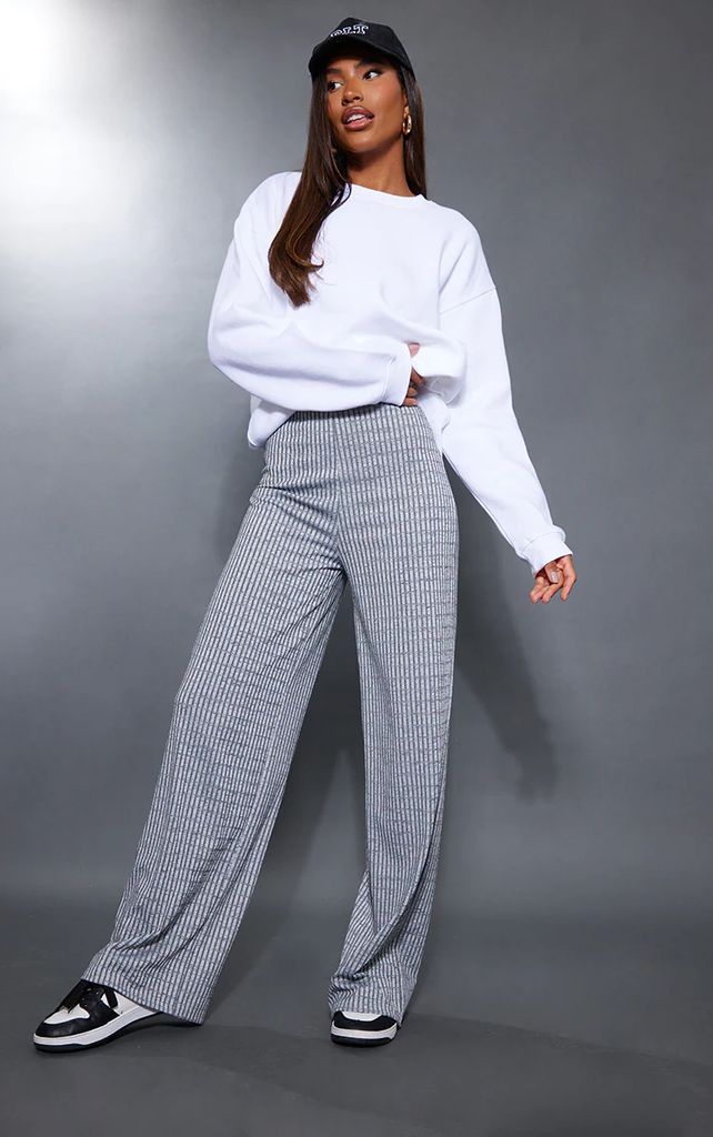 Grey Contrast Ribbed Wide Leg Trousers