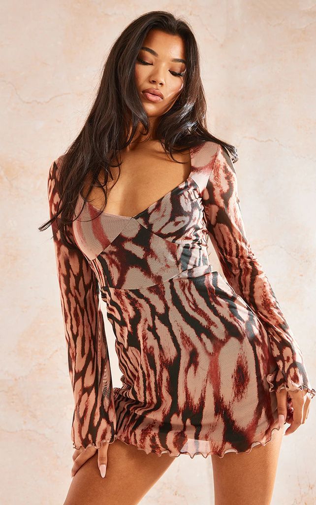 Leopard Print Mesh Underbust Detail Shift Dress, Animal