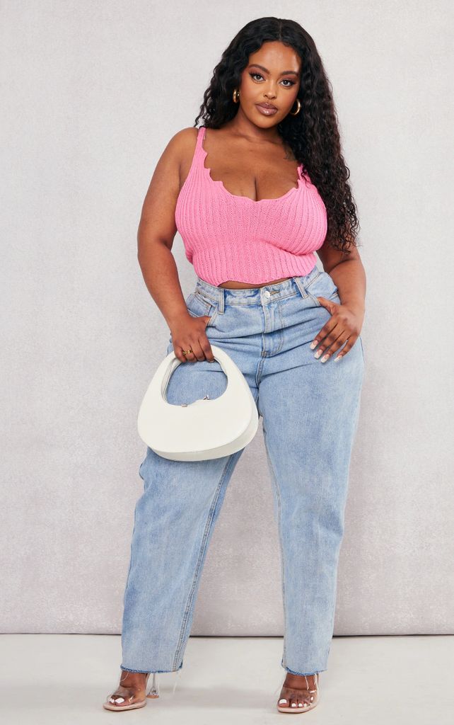 Plus Bright Pink Knit Strappy Scallop Edge Crop Top, Bright Pink