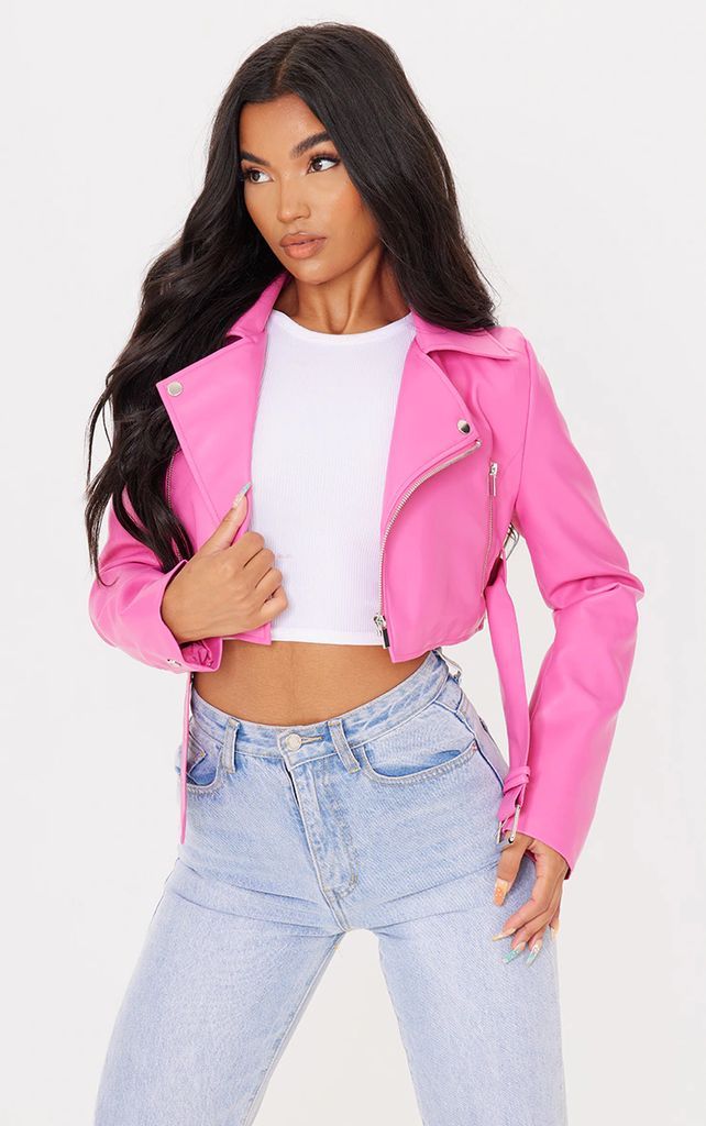 Pink Faux Leather Super Cropped Belted Biker Jacket, Pink