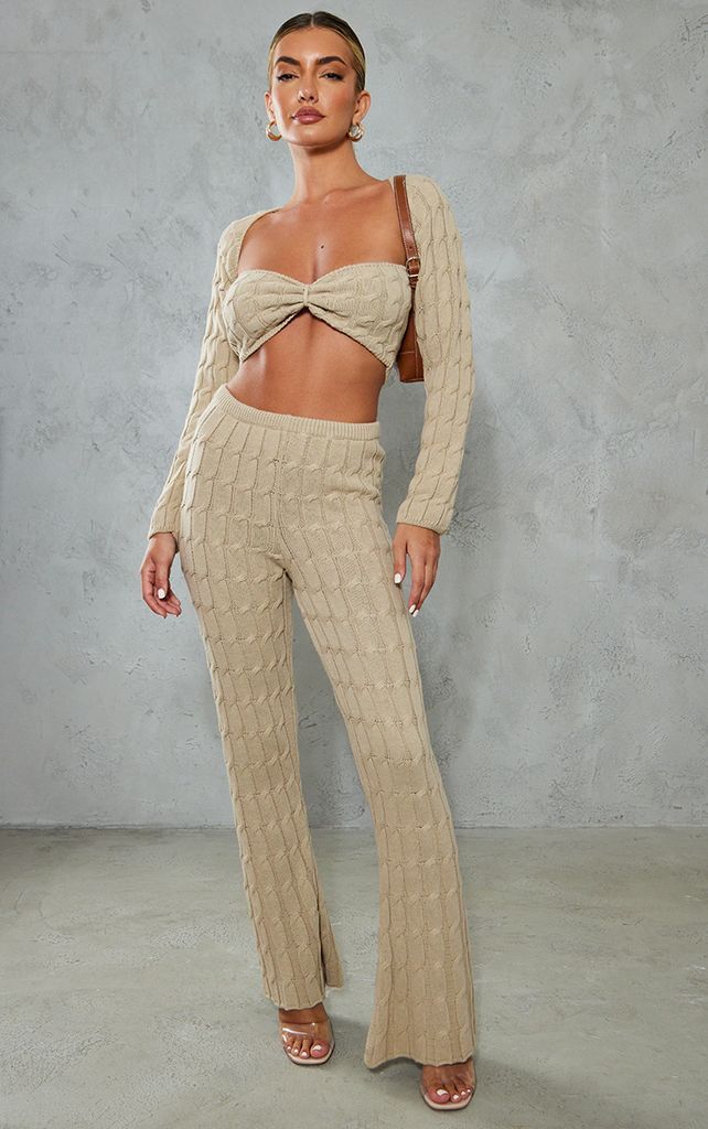 Oatmeal Cable Knitted Wide Leg Trousers
