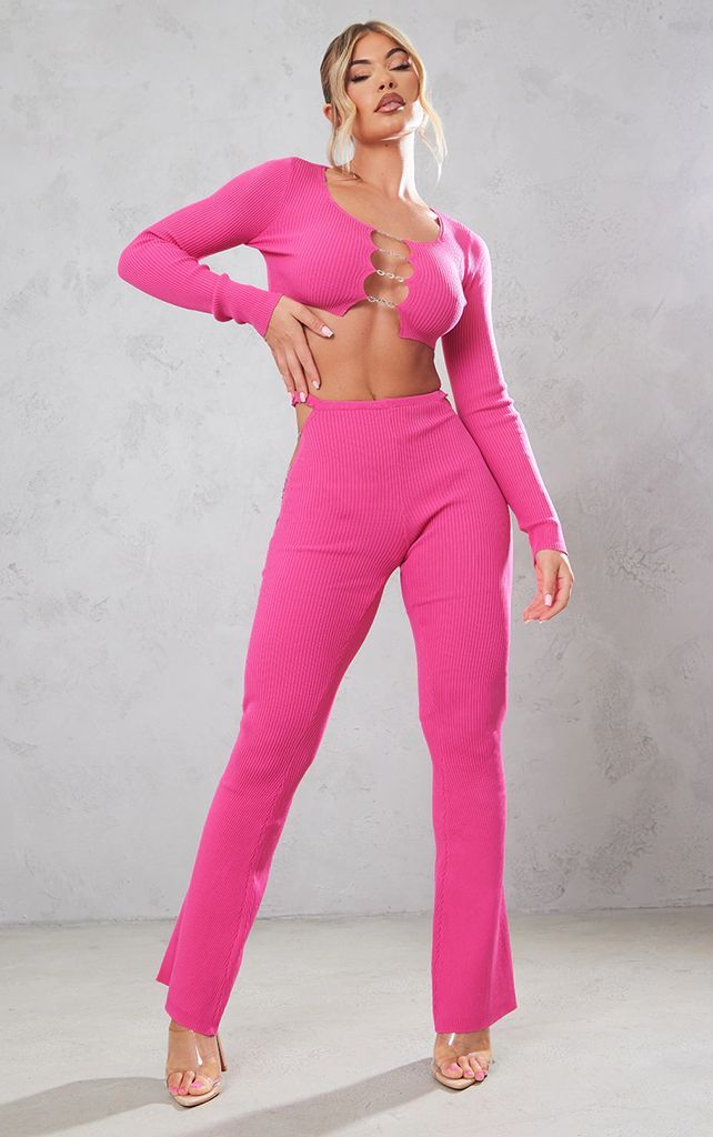 Pink Rib Knit Heart Trim Trousers