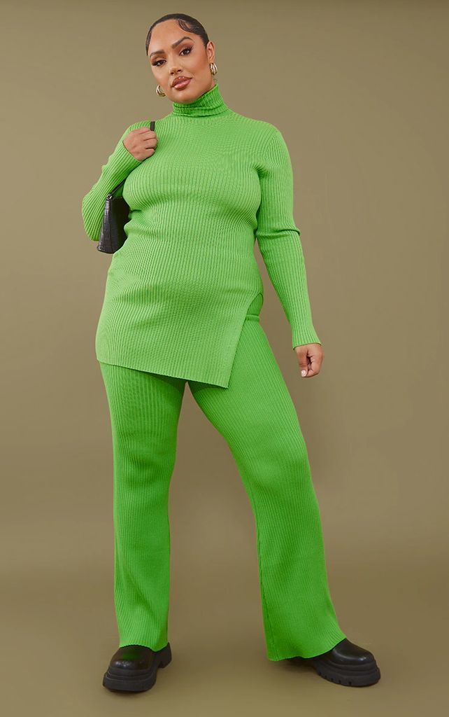 Plus Bright Green Rib Knitted Flared Trousers