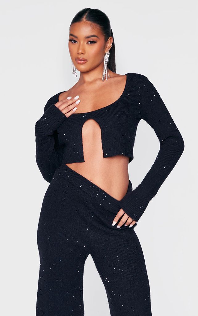 Black Glitter Sequin Knitted Long Sleeve Top