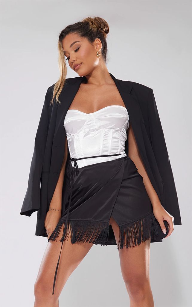 Black Satin Tassel Hem Mini Skirt