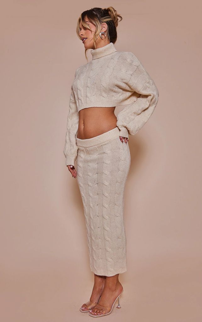 Cream Glitter Sequin Knitted Midaxi Skirt