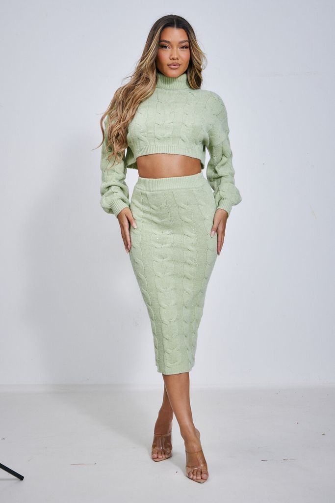 Sage Green Glitter Sequin Knitted Midaxi Skirt