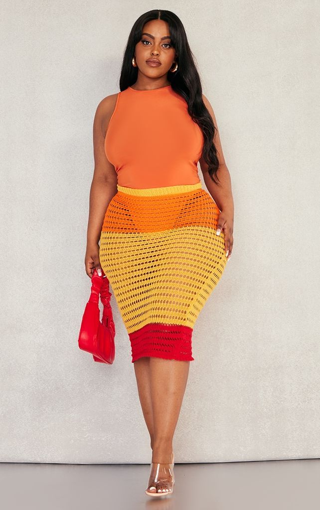 Plus Orange Stripe Knitted Midi Skirt, Orange