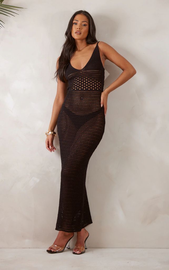 Tall Black Strappy Knitted Maxi Dress, Black